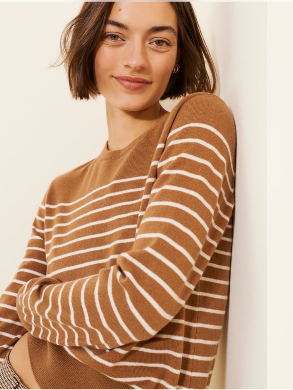 Kule The Betty cashmere crewneck in camel stripe RETAIL $328